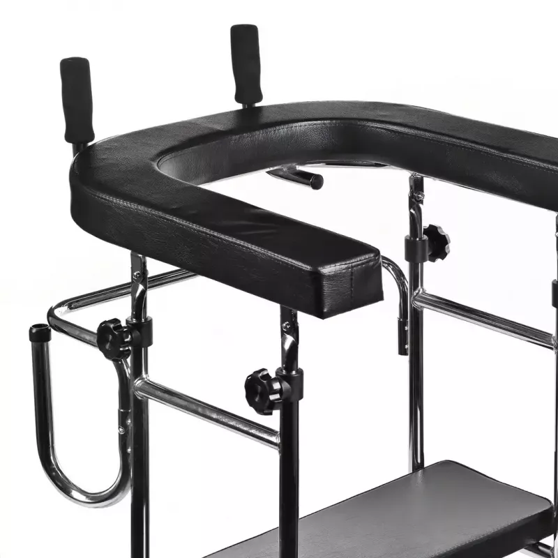Reabilitacinis aukštas vaikštynė ActionMed B200AM – stovimoji atrama su sėdyne, 4 ratai, reguliuojamas aukštis 100–125 cm, maksimali apkrova 120 kg, rėmo plotis 65 cm