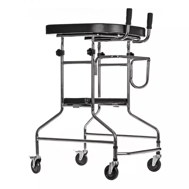 Reabilitacinis aukštas vaikštynė ActionMed B200AM – stovimoji atrama su sėdyne, 4 ratai, reguliuojamas aukštis 100–125 cm, maksimali apkrova 120 kg, rėmo plotis 65 cm