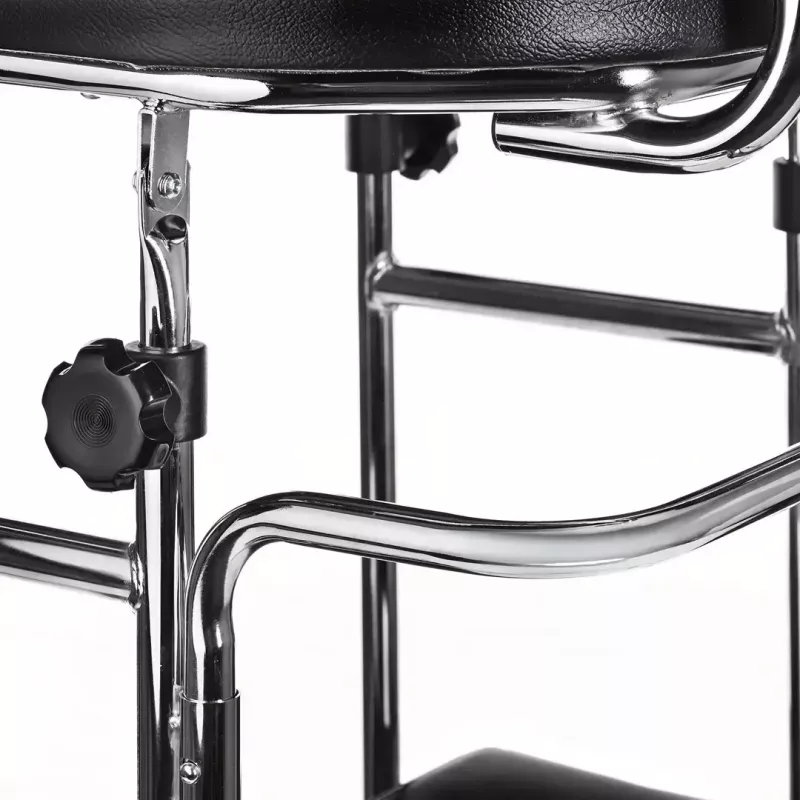 Reabilitacinis aukštas vaikštynė ActionMed B200AM – stovimoji atrama su sėdyne, 4 ratai, reguliuojamas aukštis 100–125 cm, maksimali apkrova 120 kg, rėmo plotis 65 cm