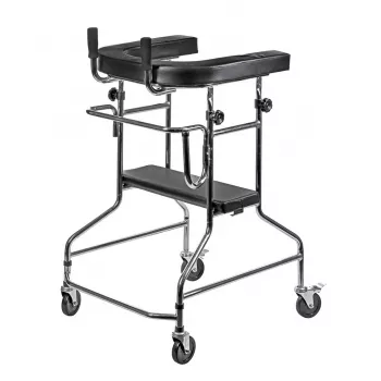Reabilitacinis aukštas vaikštynė ActionMed B200AM – stovimoji atrama su sėdyne, 4 ratai, reguliuojamas aukštis 100–125 cm, maksimali apkrova 120 kg, rėmo plotis 65 cm