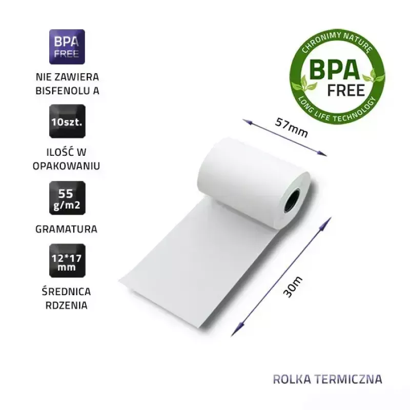 Terminis kvitų rulonas QOLTEC 57 x 30 mm 55 g/m² be BPA, šerdis 17 mm, 10 vnt.