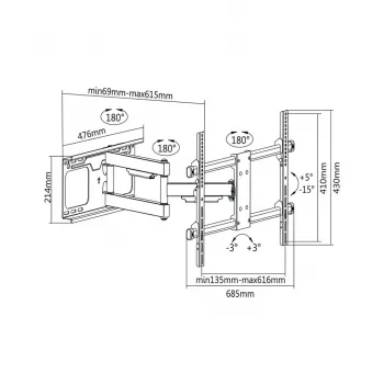 TV laikiklis sieninis Cabletech LEC-UCH0205 37–70 colių ekranams, VESA 600x400, apkrova 60 kg, juodas