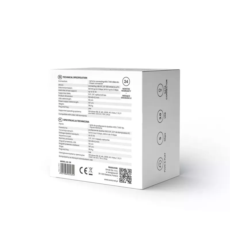 SAVIO AK-39 USB 3.0 į SATA III adapteris 3,5/2,5 colių diskams su maitinimo šaltiniu, juodas