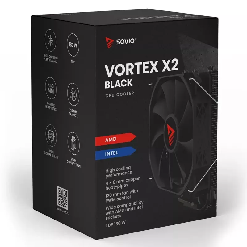 CPU aušintuvas SAVIO Vortex X2 Black – 120 mm ventiliatorius, aukštis 157 mm, PWM, suderinamas su LGA 2066
