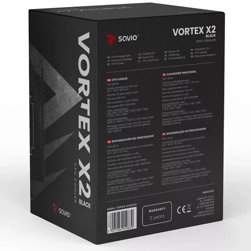 CPU aušintuvas SAVIO Vortex X2 Black – 120 mm ventiliatorius, aukštis 157 mm, PWM, suderinamas su LGA 2066