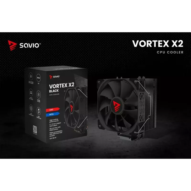 CPU aušintuvas SAVIO Vortex X2 Black – 120 mm ventiliatorius, aukštis 157 mm, PWM, suderinamas su LGA 2066