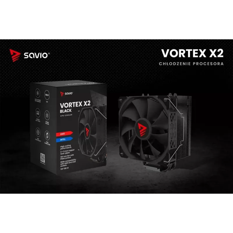 CPU aušintuvas SAVIO Vortex X2 Black – 120 mm ventiliatorius, aukštis 157 mm, PWM, suderinamas su LGA 2066