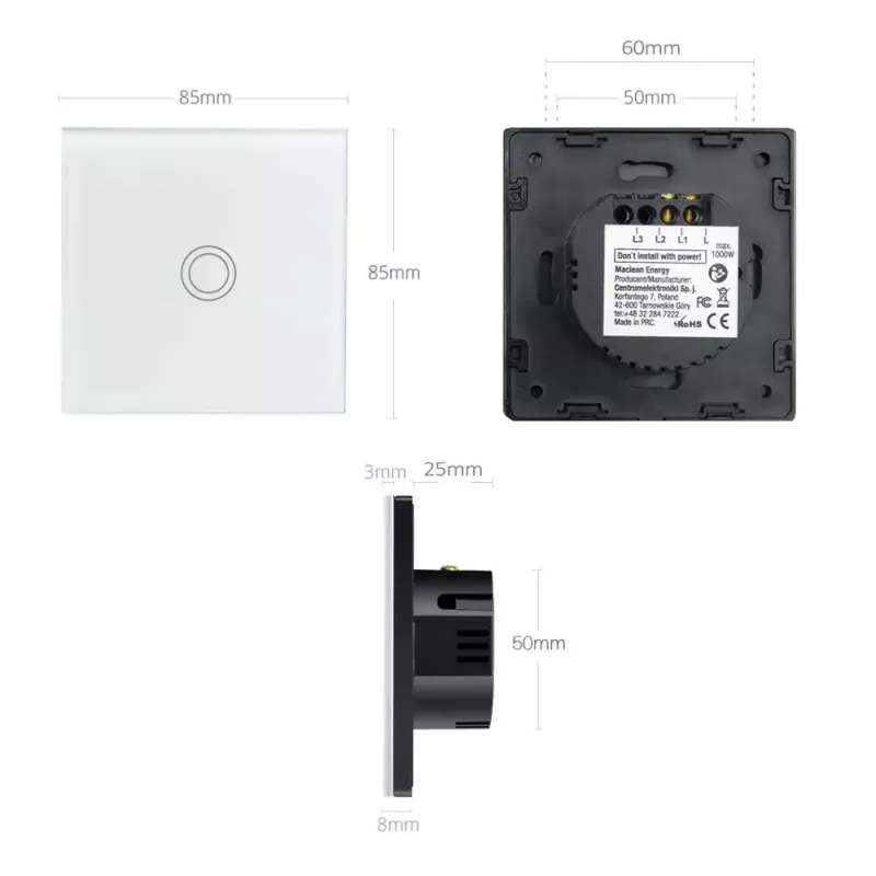 Liečiamas jungiklis MACLEAN MCE703W, stiklinė panelė, 1 grupė, 220V