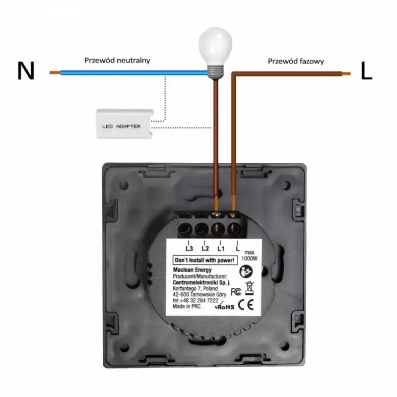 Liečiamas jungiklis MACLEAN MCE703W, stiklinė panelė, 1 grupė, 220V