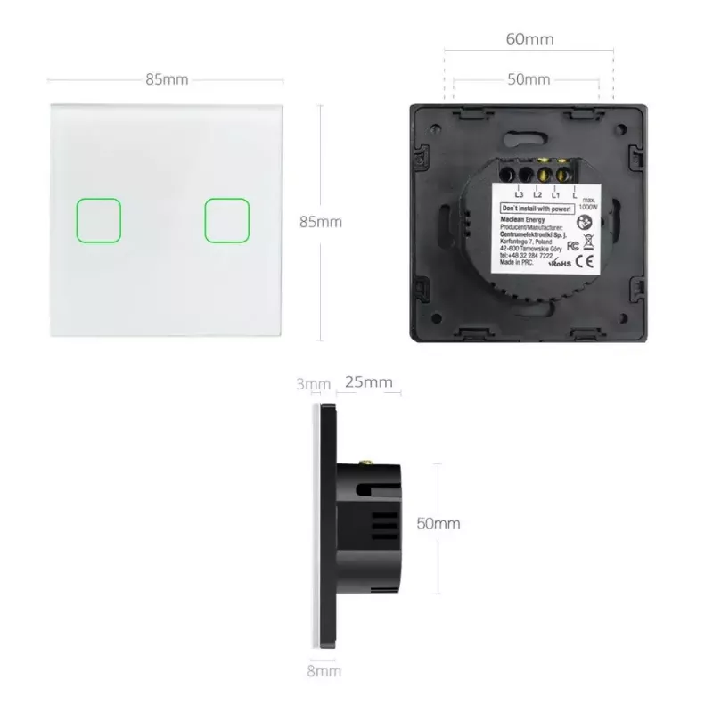 Liečiamas jungiklis MACLEAN MCE703W, stiklinė panelė, 1 grupė, 220V
