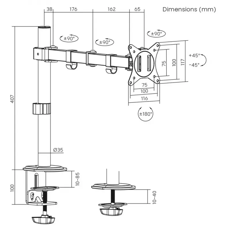 Monitorio laikiklis ant stalo MACLEAN MC-753N, 17–32 colių, VESA 75x75 / 100x100, 9 kg, pakreipimas ±45°, pasukimas ±180°, aukščio reguliavimas