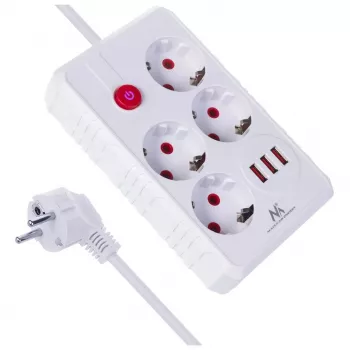 Maitinimo blokas MACLEAN MCE393 W – 4 kištukiniai lizdai + 3×USB, 110–240V, 2,1A USB, 2500W, 3 m, baltas