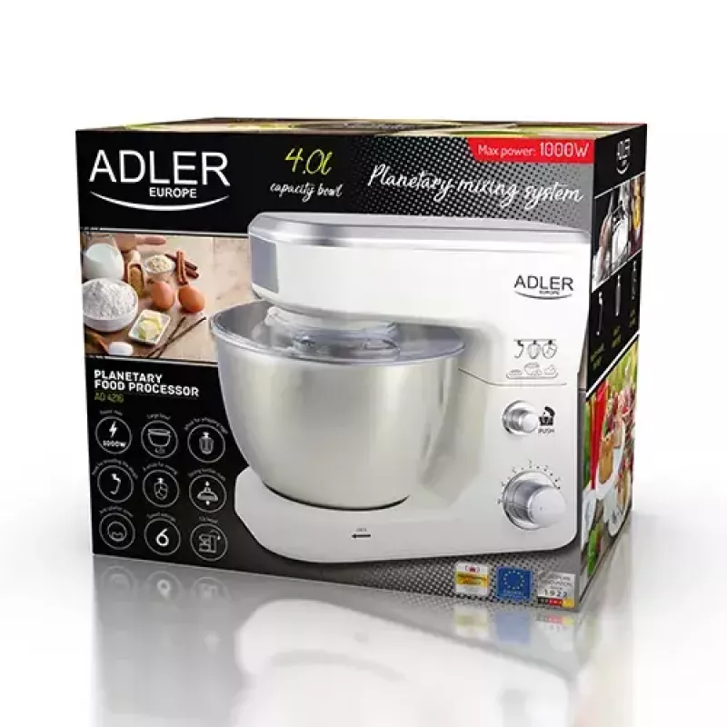 Mikseris planetinis Adler AD 4216, 500 W, 4 L nerūdijančio plieno dubuo, baltas