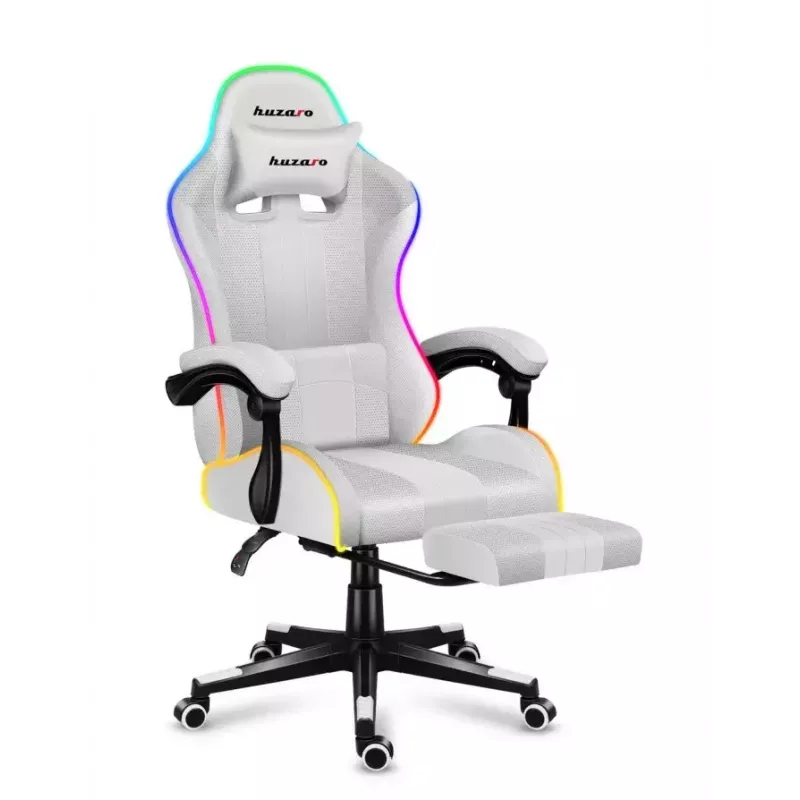 Žaidimų kėdė Huzaro FORCE 4.7 RGB White – audeklinis kibirinis sėdėjimas, max 140 kg