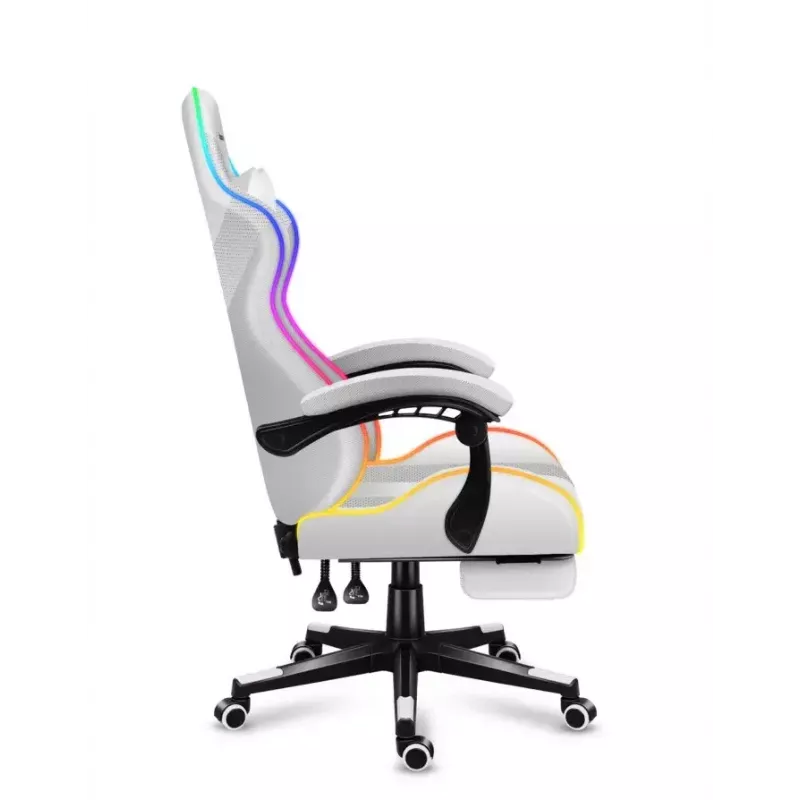 Žaidimų kėdė Huzaro FORCE 4.7 RGB White – audeklinis kibirinis sėdėjimas, max 140 kg