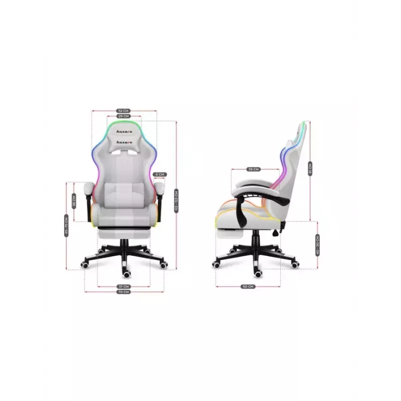 Žaidimų kėdė Huzaro FORCE 4.7 RGB White – audeklinis kibirinis sėdėjimas, max 140 kg