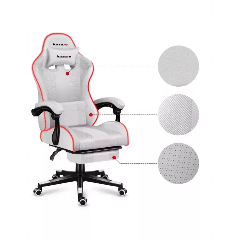 Žaidimų kėdė Huzaro FORCE 4.7 RGB White – audeklinis kibirinis sėdėjimas, max 140 kg