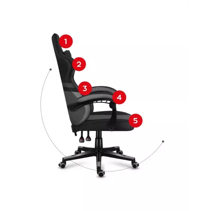 Gaming kėdė Huzaro FORCE 4.4 kaušinė sėdynė Juoda Pilka — tinklinis audinys, max 130 kg, reguliuojamas aukštis 45–55 cm, 5 ratukai