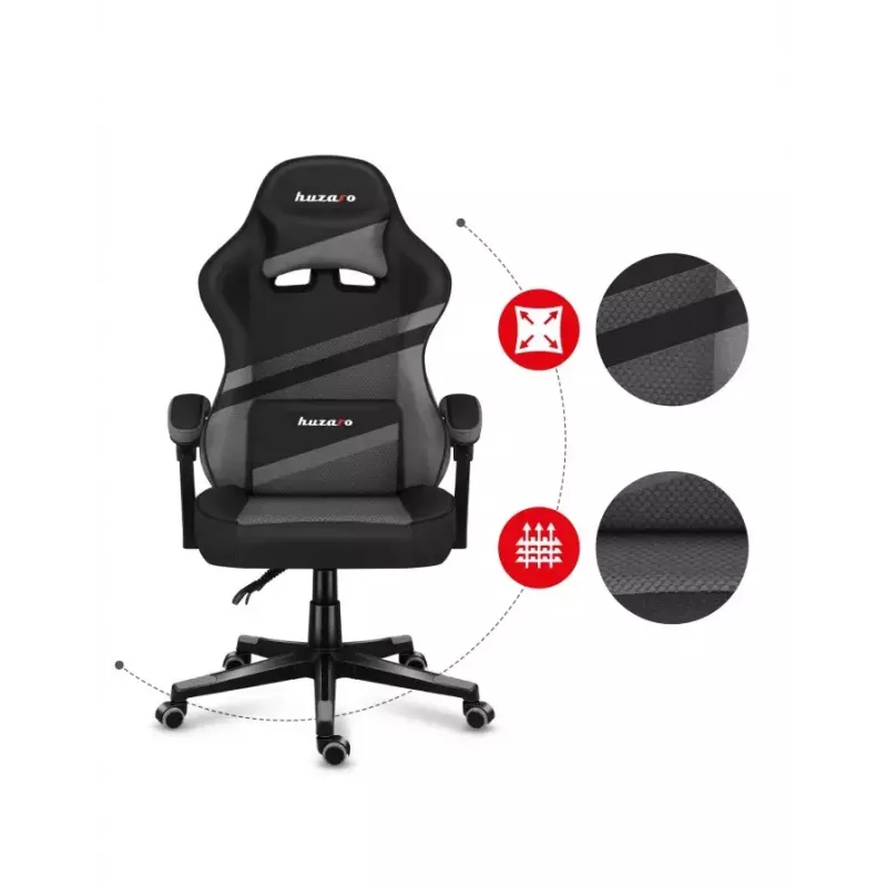 Gaming kėdė Huzaro FORCE 4.4 kaušinė sėdynė Juoda Pilka — tinklinis audinys, max 130 kg, reguliuojamas aukštis 45–55 cm, 5 ratukai