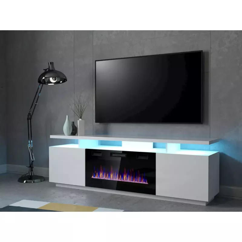 Spintelė televizoriui Cama Meble EVA su elektriniu židiniu 180×40×52 cm, baltas rėmas, blizgūs balti durys, MDF viršus