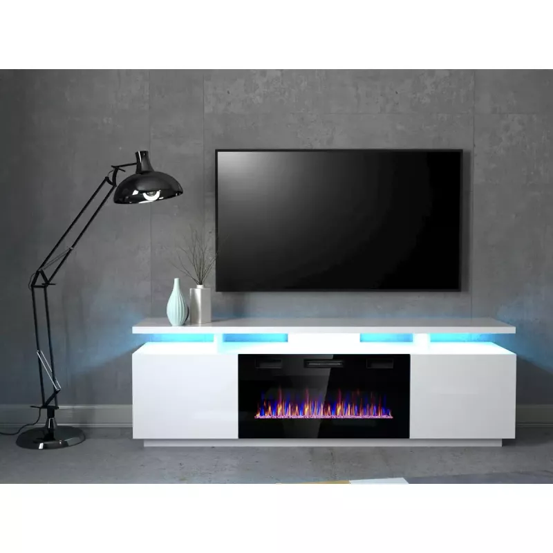 Spintelė televizoriui Cama Meble EVA su elektriniu židiniu 180×40×52 cm, baltas rėmas, blizgūs balti durys, MDF viršus