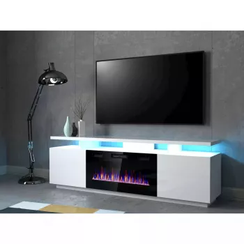 Spintelė televizoriui Cama Meble EVA su elektriniu židiniu 180×40×52 cm, baltas rėmas, blizgūs balti durys, MDF viršus