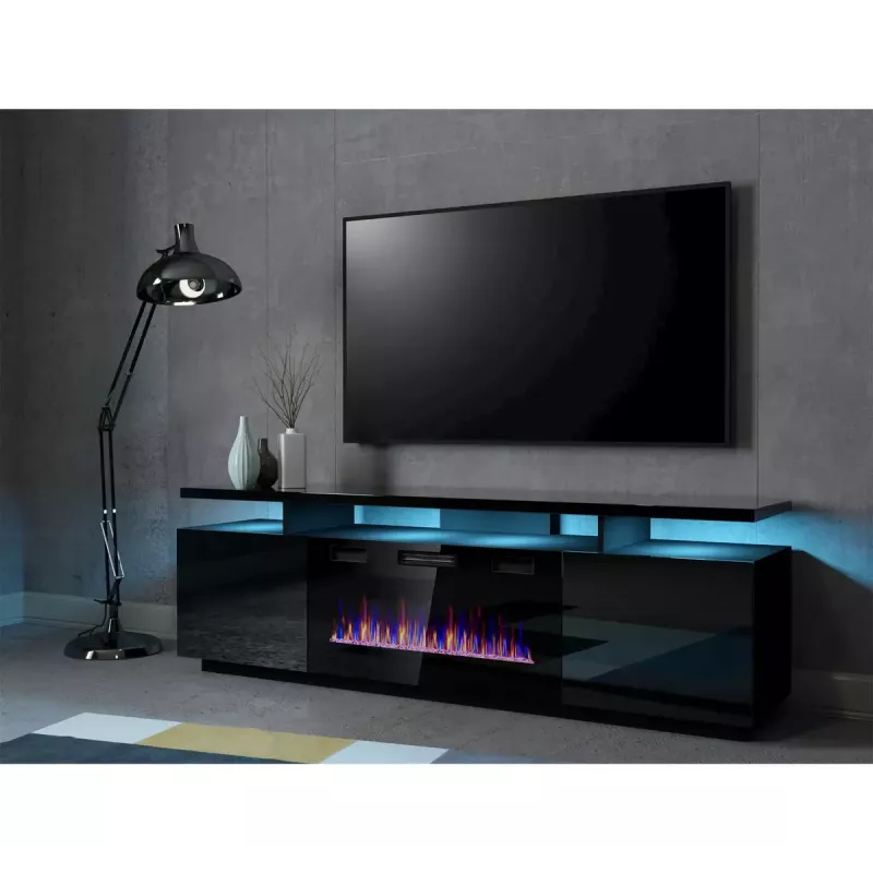 TV spintelė Cama Meble EVA su elektriniu židiniu 180x40x52 cm, juoda/matinė juoda