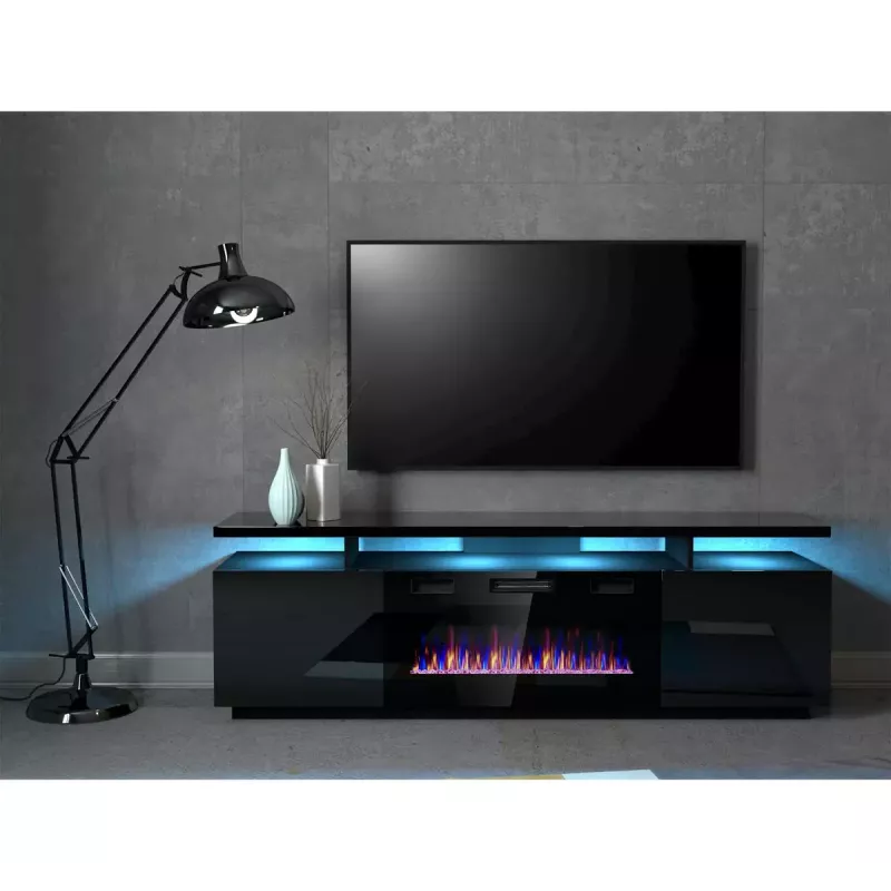 TV spintelė Cama Meble EVA su elektriniu židiniu 180x40x52 cm, juoda/matinė juoda