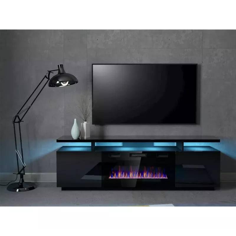 TV spintelė Cama Meble EVA su elektriniu židiniu 180x40x52 cm, juoda/matinė juoda