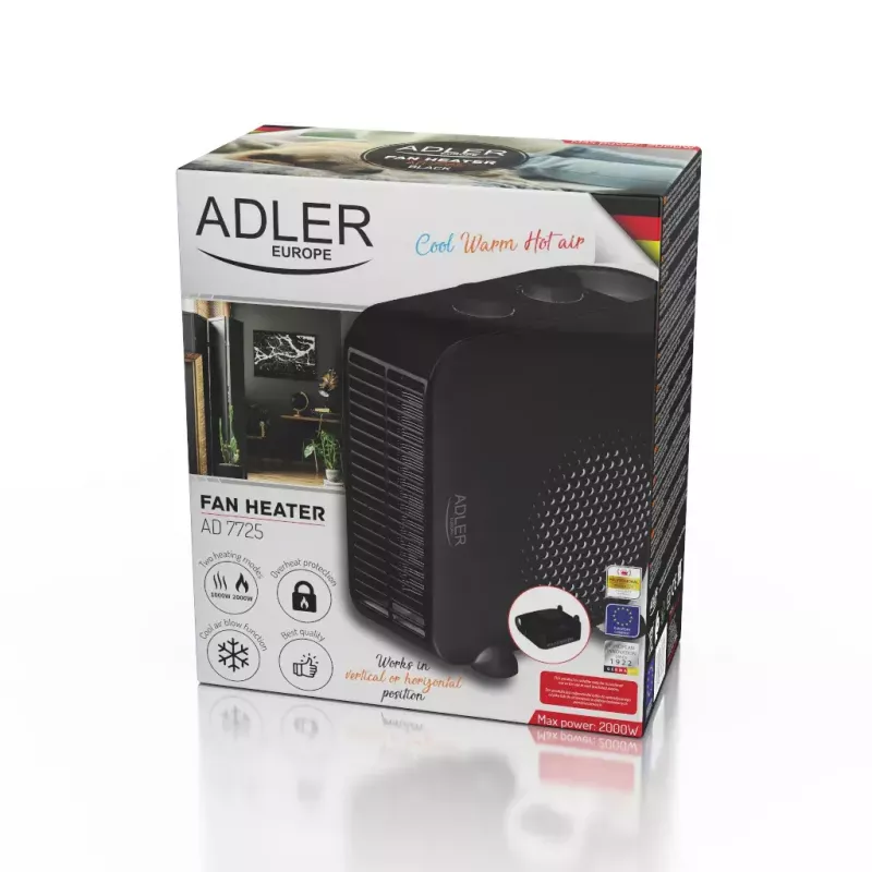 Elektrinis ventiliatorinis šildytuvas Adler AD 7725B, 2000 W, 2 šildymo lygiai, termostatas, juodas