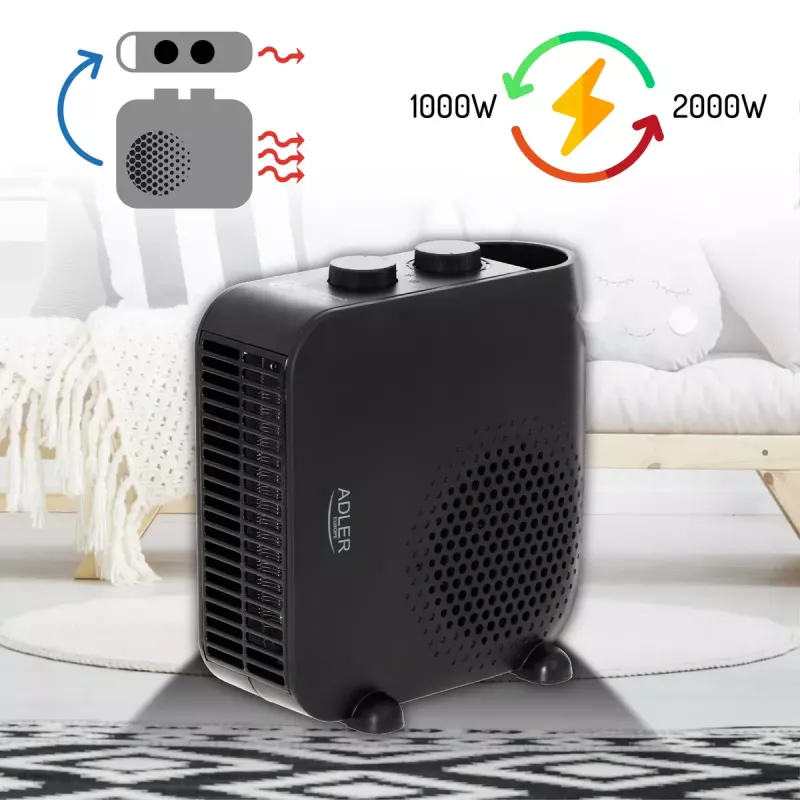 Elektrinis ventiliatorinis šildytuvas Adler AD 7725B, 2000 W, 2 šildymo lygiai, termostatas, juodas