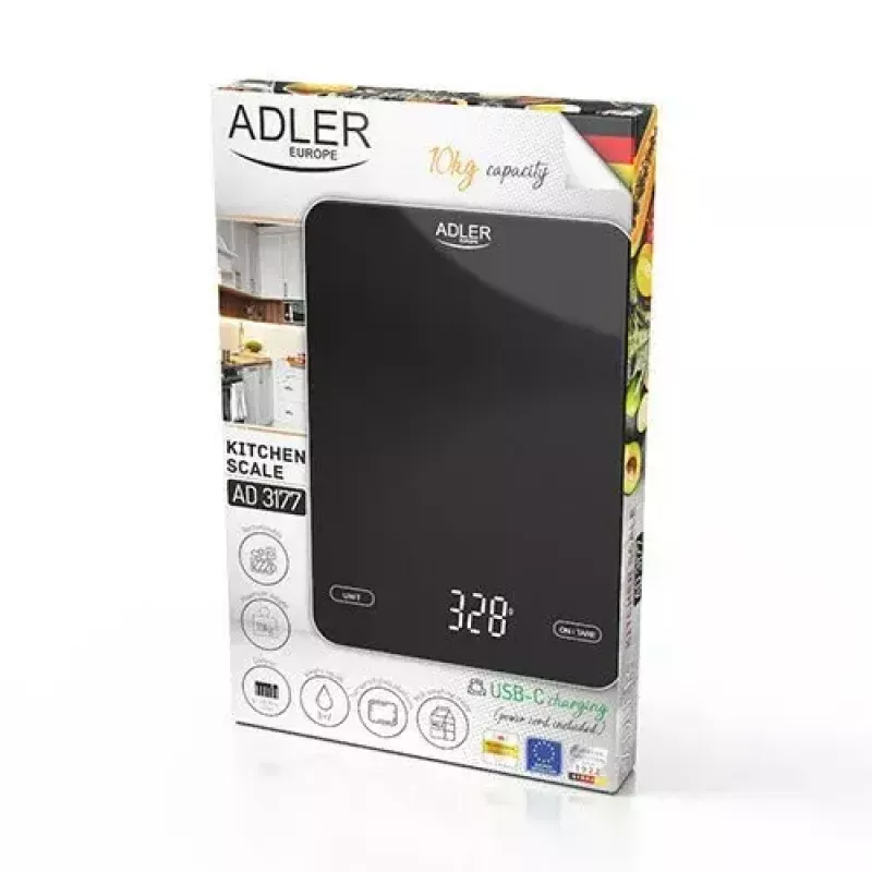 Virtuvinės elektrinės svarstyklės Adler AD 3177b – 10 kg talpa, 1 g tikslumas, juodos spalvos, stiklinis paviršius