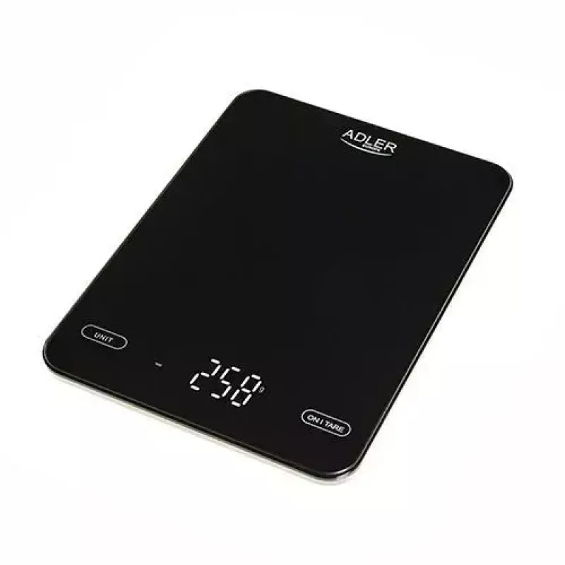 Virtuvinės elektrinės svarstyklės Adler AD 3177b – 10 kg talpa, 1 g tikslumas, juodos spalvos, stiklinis paviršius