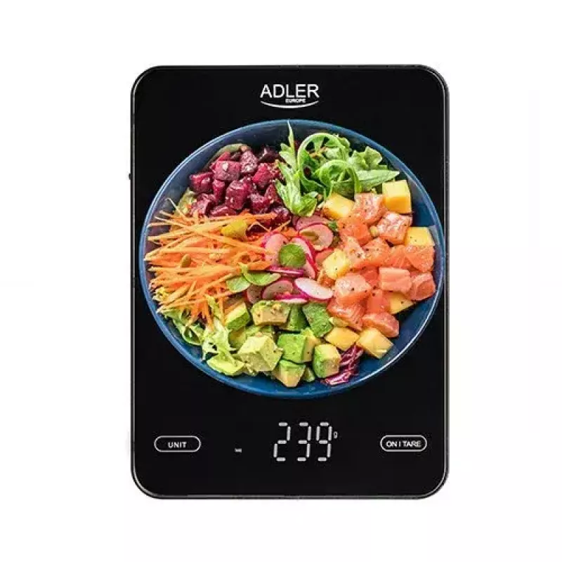 Virtuvinės elektrinės svarstyklės Adler AD 3177b – 10 kg talpa, 1 g tikslumas, juodos spalvos, stiklinis paviršius