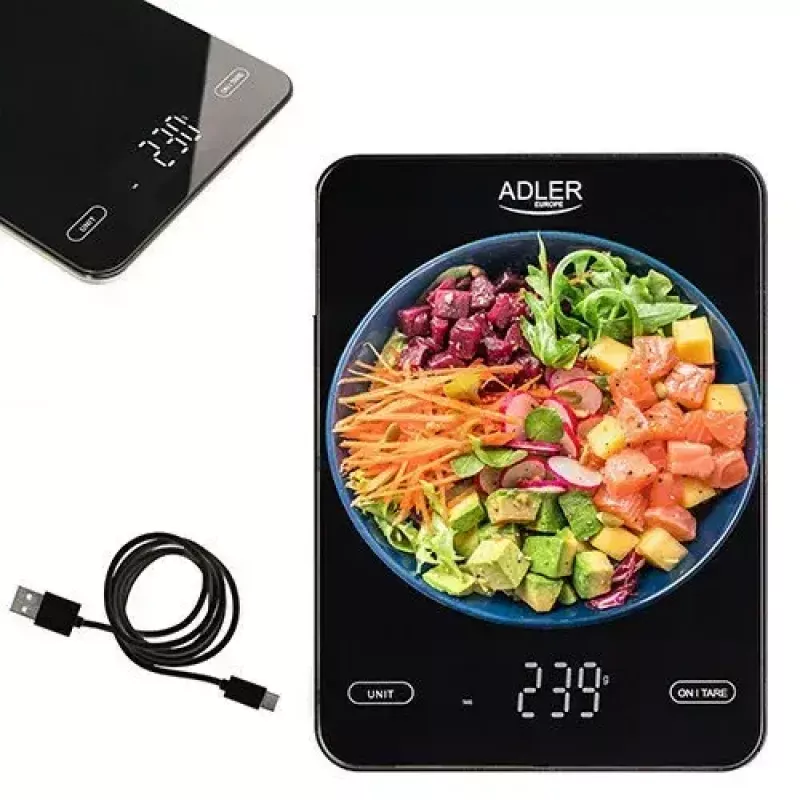 Virtuvinės elektrinės svarstyklės Adler AD 3177b – 10 kg talpa, 1 g tikslumas, juodos spalvos, stiklinis paviršius