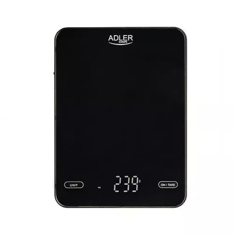 Virtuvinės elektrinės svarstyklės Adler AD 3177b – 10 kg talpa, 1 g tikslumas, juodos spalvos, stiklinis paviršius