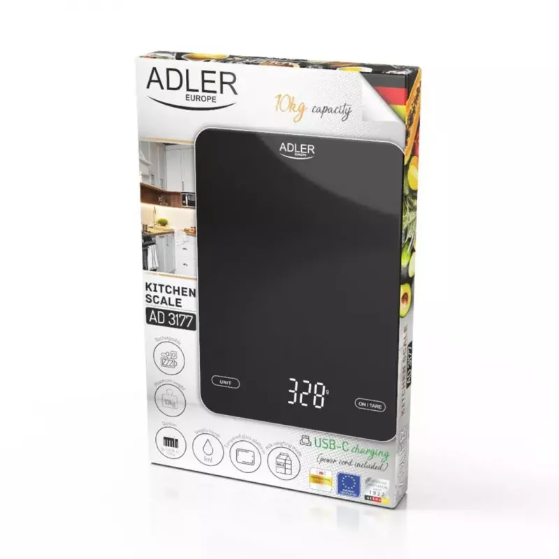 Virtuvinės elektrinės svarstyklės Adler AD 3177b – 10 kg talpa, 1 g tikslumas, juodos spalvos, stiklinis paviršius