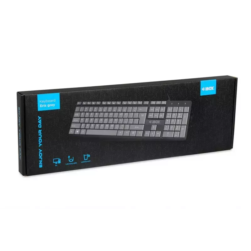 Pilno dydžio laidinė USB klaviatūra IBOX Eris IKC2010G – 105 klavišų, pilka/juoda, atspari vandeniui, 1,8 m laidas