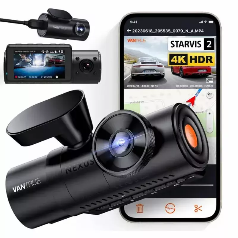 Automobilinis vaizdo registratorius VANTRUE N4 PRO 3 kanalai, pagrindinė kamera 3840×2160, 165° priekis, 160° salonas, GPS, Wi‑Fi, IPS ekranas, MicroSD iki 512GB