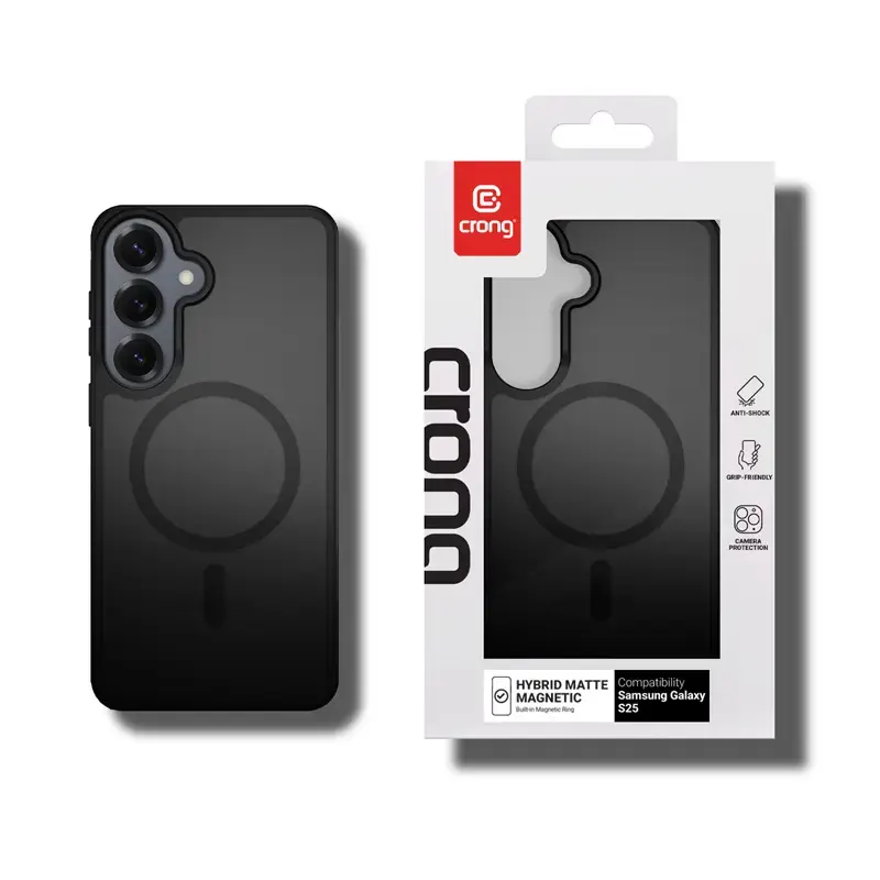 Crong Hybrid Matte Magnetic dėklas Samsung Galaxy S25 — TPU+PC, magnetiniai žiedai, juoda