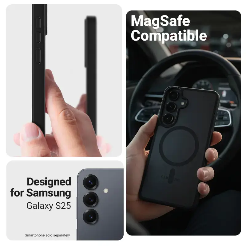 Crong Hybrid Matte Magnetic dėklas Samsung Galaxy S25 — TPU+PC, magnetiniai žiedai, juoda