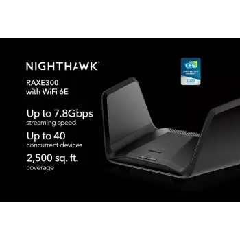 NETGEAR Nighthawk AXE7800 WiFi maršrutizatorius (RAXE300), Wi-Fi 6E, trijų juostų, 7.8 Gbps, juodas