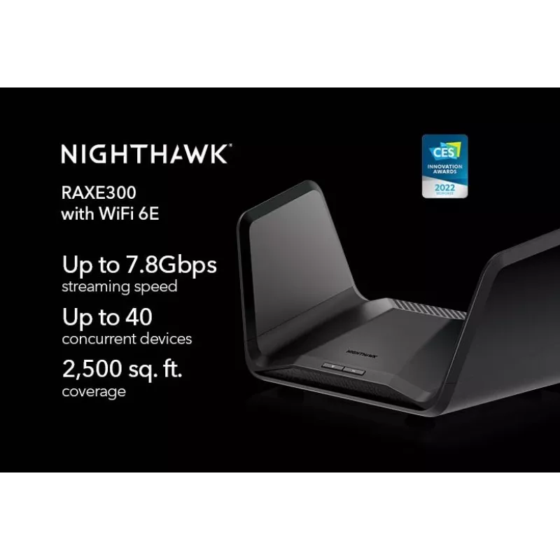 NETGEAR Nighthawk AXE7800 WiFi maršrutizatorius (RAXE300), Wi-Fi 6E, trijų juostų, 7.8 Gbps, juodas