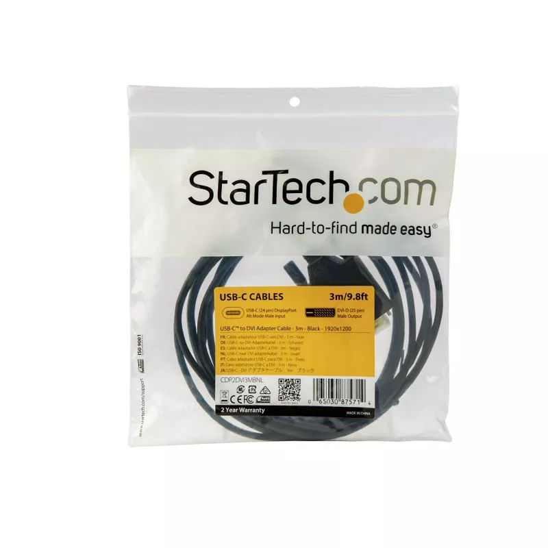 StarTech.com 10ft (3m) USB C į DVI laidas - 1080p (Single Link) USB Type-C (DP Alt Mode HBR2) į DVI-D skaitmeninį vaizdo adapterį - veikia su Thunderbolt 3 - nešiojamam kompiuteriui prie DVI monitoriaus