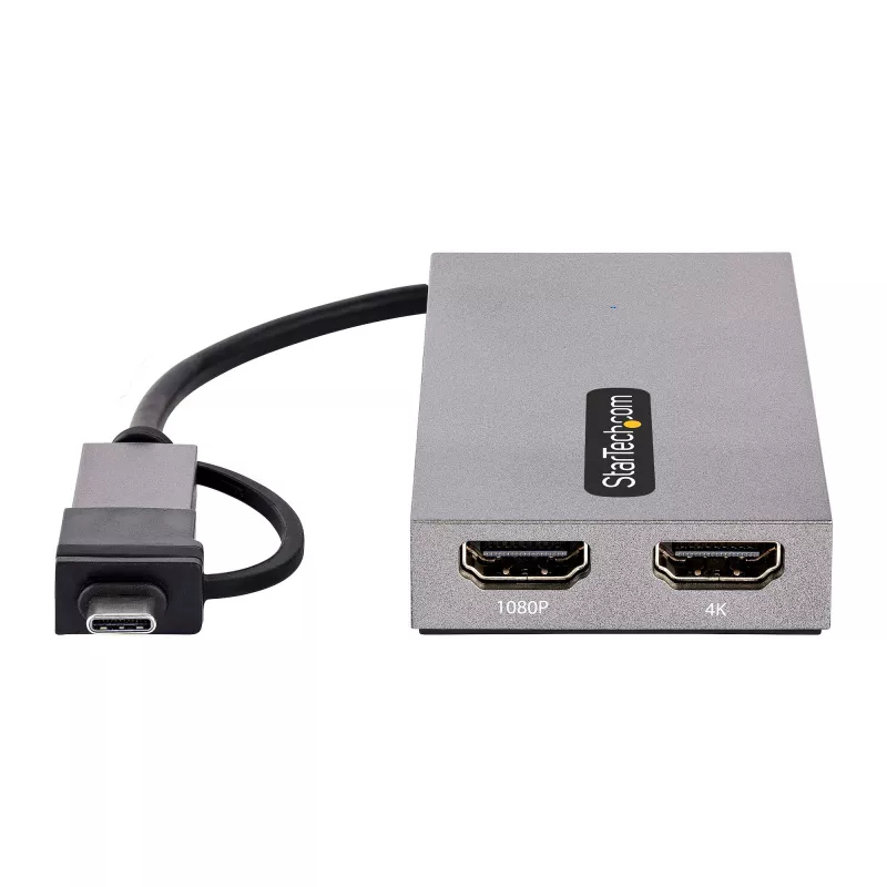 StarTech.com USB į du HDMI adapteris, USB A/C į 2x HDMI ekranus (1x 4K30Hz, 1x 1080p), integruotas USB-A į C adapteris, 11 cm laidas, USB 3.0 į HDMI, Windows ir macOS