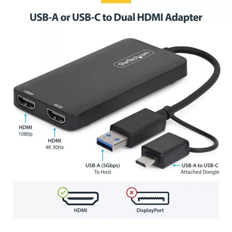 StarTech.com USB į du HDMI adapteris, USB A/C į 2x HDMI ekranus (1x 4K30Hz, 1x 1080p), integruotas USB-A į C adapteris, 11 cm laidas, USB 3.0 į HDMI, Windows ir macOS