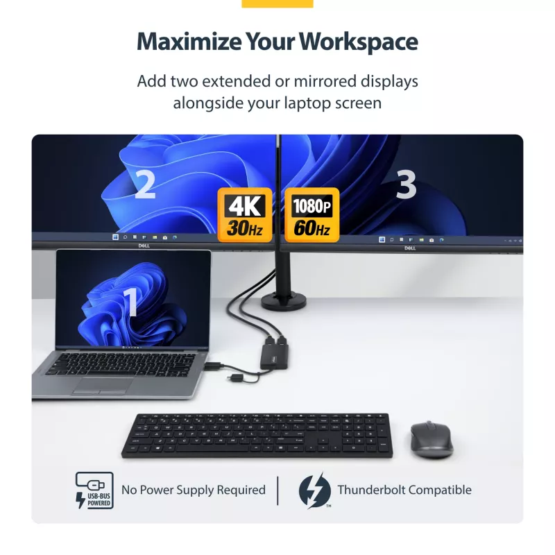 StarTech.com USB į du HDMI adapteris, USB A/C į 2x HDMI ekranus (1x 4K30Hz, 1x 1080p), integruotas USB-A į C adapteris, 11 cm laidas, USB 3.0 į HDMI, Windows ir macOS