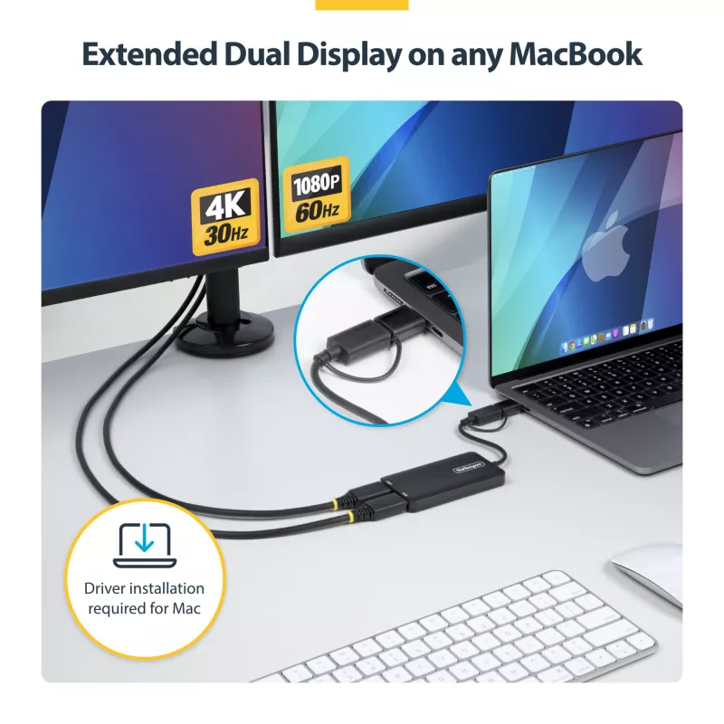 StarTech.com USB į du HDMI adapteris, USB A/C į 2x HDMI ekranus (1x 4K30Hz, 1x 1080p), integruotas USB-A į C adapteris, 11 cm laidas, USB 3.0 į HDMI, Windows ir macOS