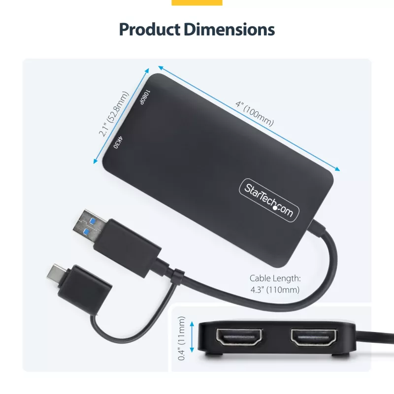 StarTech.com USB į du HDMI adapteris, USB A/C į 2x HDMI ekranus (1x 4K30Hz, 1x 1080p), integruotas USB-A į C adapteris, 11 cm laidas, USB 3.0 į HDMI, Windows ir macOS