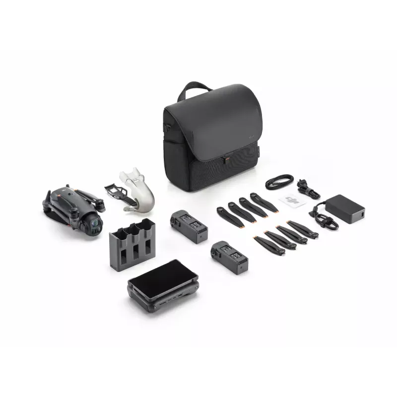 Dronas DJI Mavic 4 Pro kvadrakopteris – 100 MP kamera, 12288×8192 px, 6654 mAh baterija, 41000 m nuotolis, 27 m/s, 1,063 kg, pilka